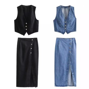 2024 Spring/Summer Casual Women's Solid Color Buckle Decoration Splicing Short Denim Vest+High Waist Split Straight Half Skirt