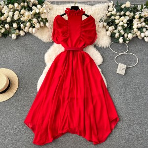 Light luxury, niche, gentle style, hollowed out shawl sleeves, high-end feeling, waist cinching dress, women's slimming temperament, super fairy tea break dress