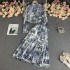 Summer chiffon dopamine queen pure desire fashion set, women's printed loose pleated shirt, hanging high waisted long skirt