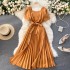 2021 vintage solid color temperament French square neck Hepburn style short sleeved waist slimming pleated dress big swing long skirt