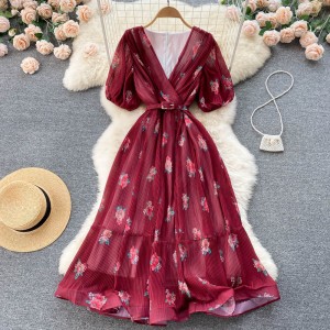 2022 Summer Art Ethnic Style Retro Temperament Floral Chiffon Dress for Women, Shrinking Waist to Look Thinner, A-line Length Skirt