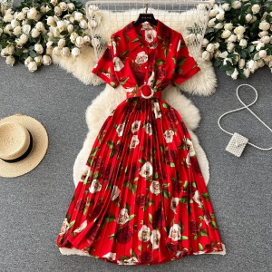 Summer New French Style Light Mature Wind Flip Collar Short Sleeve Printed Stylish Waist Look Slimming Hundred Fold Chiffon Dress