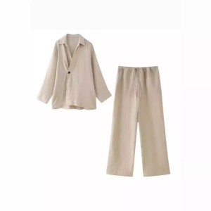 2024 women's cross-border European and American style linen drawstring straight leg pants 5063582+suit jacket women 6046582