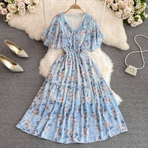 2022 summer new gentle style V-neck cinched waist slimming floral chiffon dress fashionable A-line large swing long skirt