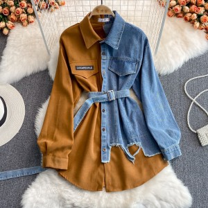 Cowboy patchwork corduroy lapel dress 2024 autumn and winter new Korean version waist cinching slimming irregular mid length