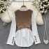 Two piece set with a high-end feel for women in autumn, fashionable and western-style. Short layered vest top, white long sleeved shirt