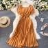 2021 vintage solid color temperament French square neck Hepburn style short sleeved waist slimming pleated dress big swing long skirt