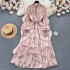 Autumn new French style feminine stand up collar slim fit long style large swing chiffon dress with bubble sleeves and floral floral holiday skirt