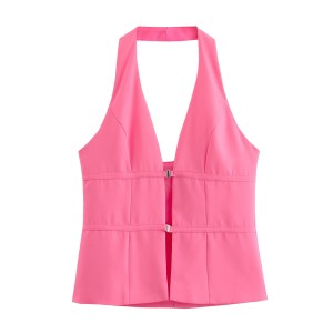 Foreign trade 2024 summer new women's versatile solid color hanging neck V-neck backless sleeveless buckle vest top