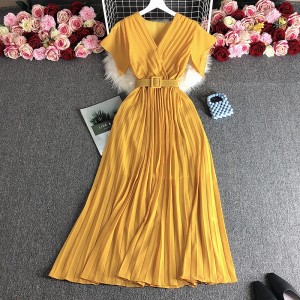 Heavy industry temperament slim fit long vacation style chiffon pleated long skirt solid color temperament V-neck new French dress