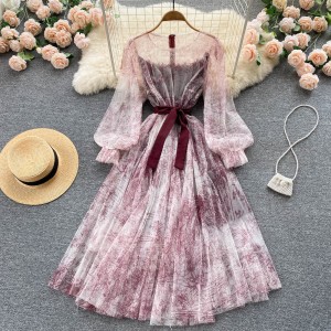 French retro bubble sleeve super fairy temperament dress, women's lace up slimming mesh print sweet first love A-line skirt