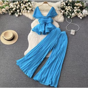 High end elegant and fashionable women's summer pleated sleeveless chiffon top+high waist wide leg pants two-piece set trendy