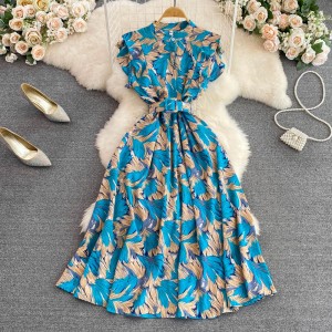 Gentle style stand up collar cinched waist slimming print A-line large swing dress 2023 summer high waist elegant temperament long skirt