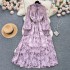 Autumn new French style feminine stand up collar slim fit long style large swing chiffon dress with bubble sleeves and floral floral holiday skirt