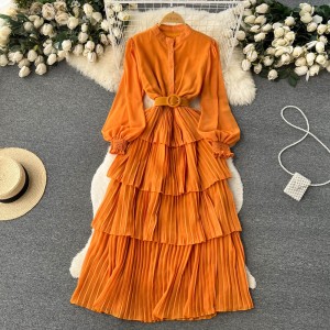 2023 Spring and Autumn New Large Swing Long Sleeve Chiffon Dress, Women's Waist Collection Style, Kikyo Tea Break Cake Long Dress, Zichao