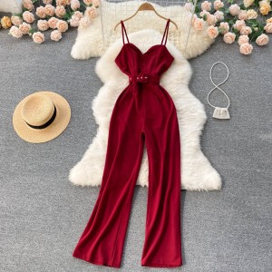 New socialite OL Korean version fashionable temperament sleeveless jumpsuit with waist cinching straps for slimming and wide leg pants jumpsuit for women