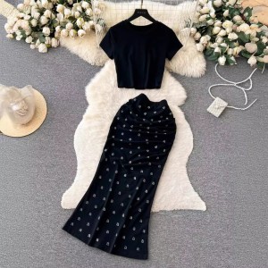 Japanese style high-end fashion set for women's summer solid color waist exposed short sleeved shirt+high waist slim fit half body long skirt