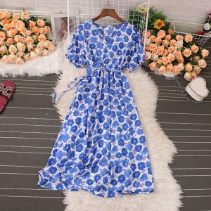 Gentle French V-neck Bubble Sleeves Versatile Waist for slimming, Split A-line Dress Super Fairy Forest Chiffon Long Dress