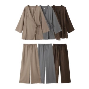 Foreign Trade 2024 Summer New Women's Clothing European and American Style Linen Kimono Cross Coat Pants Set for Women 6078572