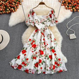 Summer new gentle style mid length waist cinched V-neck floral chiffon dress super fairy forest series first love Kikyo skirt