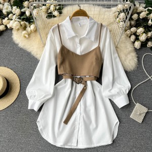 2023 high-end small camisole vest two-piece pullover dress, autumn women's short sleeved white shirt skirt