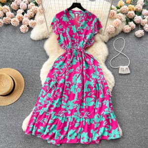 French sweet and gentle floral chiffon dress with a floral collar, perfect for women's summer waist cinching style and slimming off vacation style fairy dress