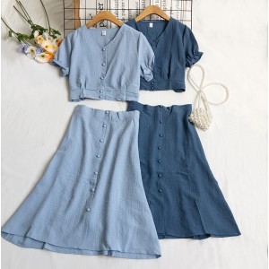 Summer New Retro French Bubble Sleeve V-neck Short Shirt Top+High Waist A-line Skirt Two Piece Set