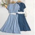 Summer New Retro French Bubble Sleeve V-neck Short Shirt Top+High Waist A-line Skirt Two Piece Set