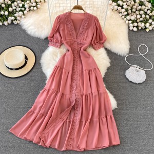 Beach vacation desert long dress tourism Bali beach dress super fairy V-neck lace lace dress summer