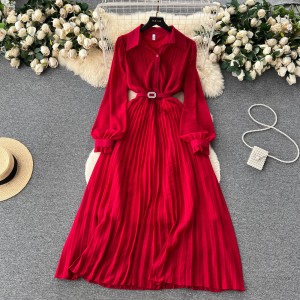 French style high-end long sleeved lapel pleated long skirt, children's waist cinched to show off slimming temperament, big swing long chiffon skirt