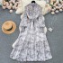 Autumn new French style feminine stand up collar slim fit long style large swing chiffon dress with bubble sleeves and floral floral holiday skirt