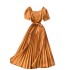 2021 vintage solid color temperament French square neck Hepburn style short sleeved waist slimming pleated dress big swing long skirt