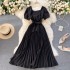 2021 vintage solid color temperament French square neck Hepburn style short sleeved waist slimming pleated dress big swing long skirt