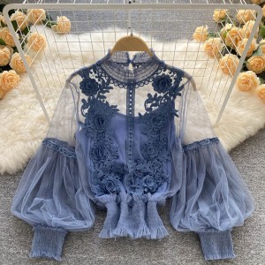 Design sense niche three-dimensional flower collage perspective mesh lantern sleeves slim fit short top women's lace base shirt