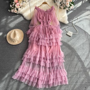 High end, super fairy, one shoulder, off the shoulder, waist cinching, slimming effect, A-line ruffled cake mesh dress, elegant long skirt