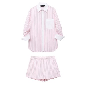 Women's wholesale spring collar striped long sleeved shirt+high waisted shorts casual set 3152001 6929419