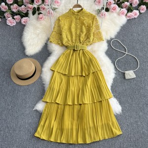 Women's dress, socialite temperament, design sense, lace hollow hook flower stand collar splicing pleated cake skirt