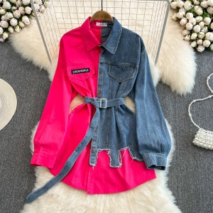 Retro Hong Kong style temperament, waist with belt, color blocked denim shirt for women's spring, new chic casual mid length top