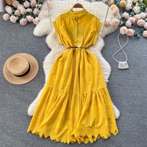 2023 New Summer Dress with Small Fragrant Style and French Hollowout Design for slimming and waist cinching, Women's Sleeveless pleated long skirt with temperament