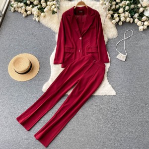 Professional OL suit collar long sleeved waist cinched suit loose top+straight tube slimming casual suit pants two-piece set