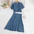 Summer New Retro French Bubble Sleeve V-neck Short Shirt Top+High Waist A-line Skirt Two Piece Set