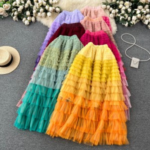 Gradient irregular mesh skirt for women, mid to long cake skirt, fluffy high waist, slimming A-line fairy gauze skirt