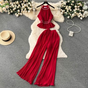 Light luxury socialite style fashion set, women's pleated diamond inlaid hanging neck vest+casual high waisted wide leg pants two-piece set