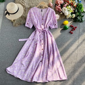 Temperament floral dress short sleeved autumn new style temperament collar tie waist slimming big swing long skirt