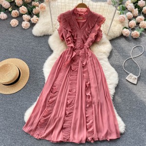 Summer chiffon dress sleeveless fashionable slim fit elegant ruffled edge waist cinching long skirt