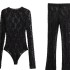 81132- Autumn New Women's Clothing European and American Mesh Lace Bottom Shirt+Split Design Lace leggings Set