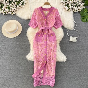 Summer high-end professional temperament short sleeved collar cinched waist slimming single breasted lace hip hugging dress