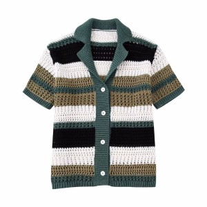 Foreign trade wholesale 2023 European and American spring new fashion V-neck short sleeved colorful striped single breasted knitted sweater for women