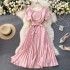 2021 vintage solid color temperament French square neck Hepburn style short sleeved waist slimming pleated dress big swing long skirt