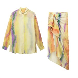 Cross border foreign trade 2024 wholesale women's printed tie dye shirt top+wrapped scarf skirt two-piece set for women